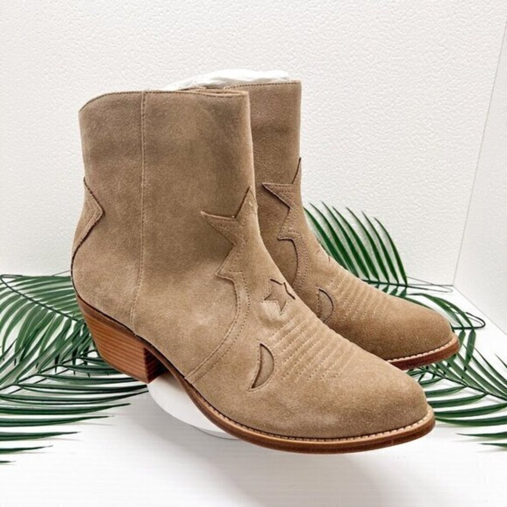 Joie Perpetua Western Booties Size 39.5 Tan Suede Leather 2" Block Heel NWB